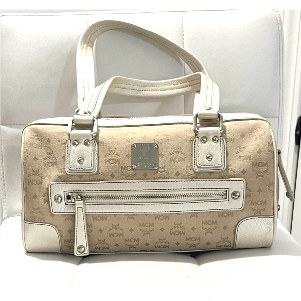 Khaki Canvas MCM Visetos Monogram Barrel Boston Bag w/ Gold Leather Trim